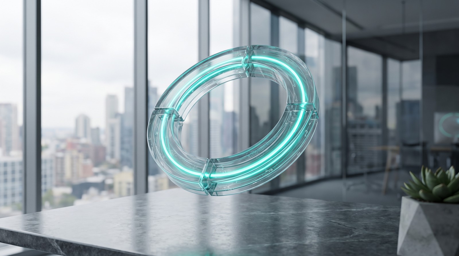 Two machined half-rings meeting at their seams to form one closed circuit, a single unbroken line of light running through both.